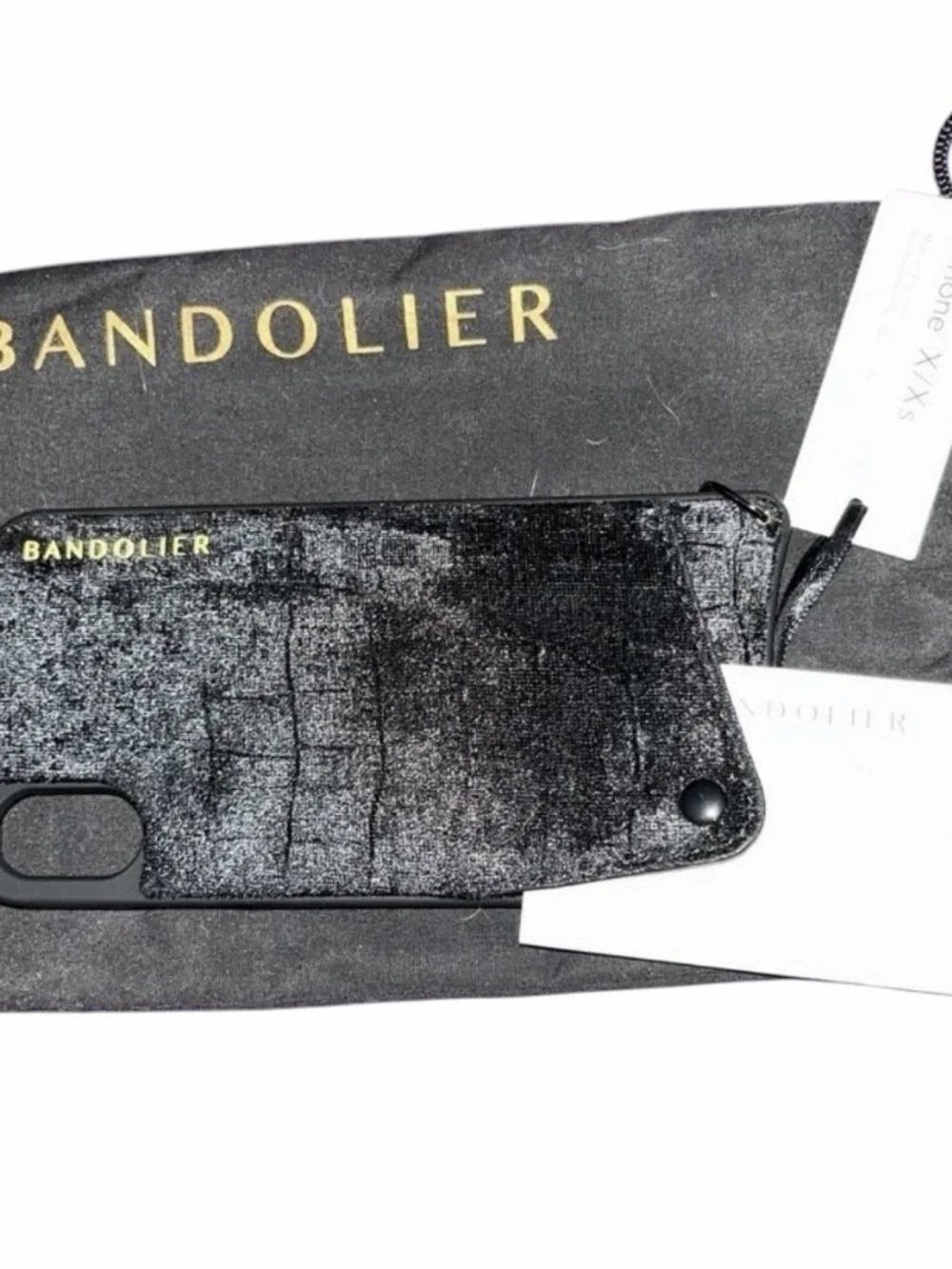 Bandolier black velvet phone case crossbody strap fits IPhone X & XS card slot